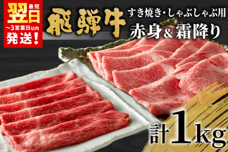 【最短発送】 飛騨牛 赤身＆霜降り2種セット (すきしゃぶ用) 計1kg もも カタ ロース カタロース 肩ロース 牛肉 和牛 肉 すき焼き しゃぶしゃぶ 東白川村 岐阜 霜降り 赤身 鍋 養老ミート