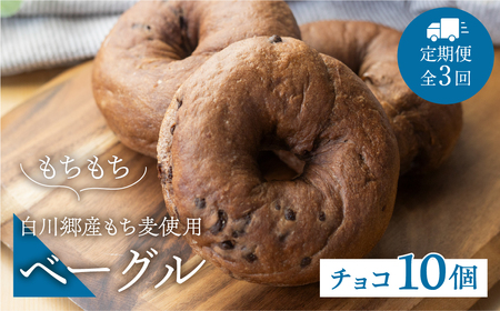 定期便3回お届け 白川郷産 もち麦使用 ベーグル（チョコ）10個セット アオイロ・ベーグル もちもち ベーグル 国産 小麦 もち麦 使用 冷凍 個包装 アオイロ・カフェ 岐阜県 白川村 白川郷 世界遺産 手作り パン 42000円 [S788]