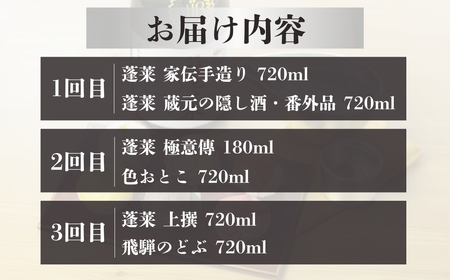 【定期便】飛騨の地酒 飲み比べ 定期便 全3回 毎月2本 2種 720ml 180ml 日本酒 ギフト セット お酒 蓬莱 渡辺酒造店 金賞 受賞酒 飛騨 岐阜 地酒 世界遺産 白川郷  