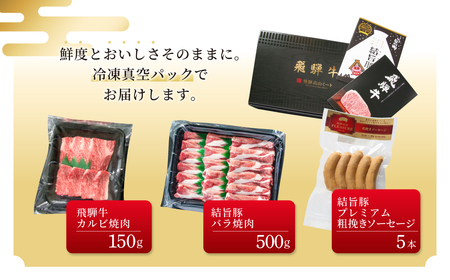 飛騨牛 結旨豚 焼肉 食べ比べ セット 計800g 飛騨牛 カルビ焼肉 150g 結旨豚 バラ焼肉 500g ソーセージ 150g 冷凍真空パック | 肉 お肉 黒毛和牛 和牛 人気 おすすめ 牛肉 豚肉 ギフト お取り寄せ 13000円【MS024】