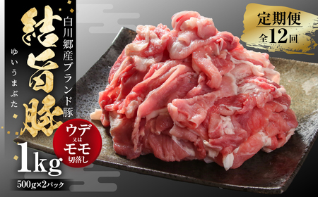 《定期便》全12回 結旨豚 ウデ又はモモ 切り落とし 500g×2パック 冷凍真空パック | 肉 お肉 豚肉 国産 食べ比べ セット 白川郷 岐阜県 白川村 ブランド豚 人気 おすすめ ギフト 飛騨高山ミート 120000円  [MS106]