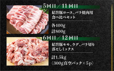 定期便12回 結旨豚食べつくし 12か月 1年間 バラ ブロック ロース 肩ロース とんかつ用 生姜焼き用 しゃぶしゃぶ 焼肉 焼き肉 切り落とし モモ 国産 白川村産 真空パック 小分け 焼肉 ブランド豚 ゆいうまぶた 140000円 抗生物質 合成抗菌剤不使用 [S406]