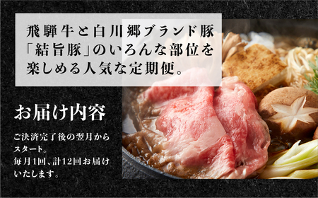 《定期便12回》飛騨牛＆結旨豚　食べきりタイプ スペシャル定期便 12か月 1年間 焼肉 サーロイン ロース モモ すき焼き しゃぶしゃぶ 牛肉 豚肉 国産 焼き肉 赤身 A4 A5 豚肉 バラ ブランド豚 だるまミート 岐阜県 白川村 贅沢 冷凍 210000円 [S409]