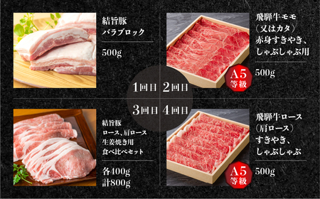 《定期便12回》飛騨牛＆結旨豚　食べきりタイプ スペシャル定期便 12か月 1年間 焼肉 サーロイン ロース モモ すき焼き しゃぶしゃぶ 牛肉 豚肉 国産 焼き肉 赤身 A4 A5 豚肉 バラ ブランド豚 だるまミート 岐阜県 白川村 贅沢 冷凍 210000円 [S409]