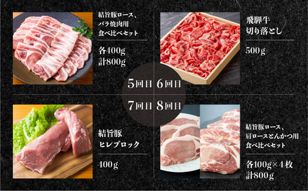 《定期便12回》飛騨牛＆結旨豚　食べきりタイプ スペシャル定期便 12か月 1年間 焼肉 サーロイン ロース モモ すき焼き しゃぶしゃぶ 牛肉 豚肉 国産 焼き肉 赤身 A4 A5 豚肉 バラ ブランド豚 だるまミート 岐阜県 白川村 贅沢 冷凍 210000円 [S409]