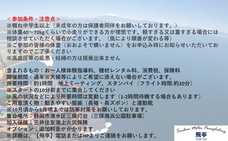 【飛亭】モーターパラグライダー タンデム フライト 体験 20分コース（1名様分）アクティビティー 絶景 静岡市
