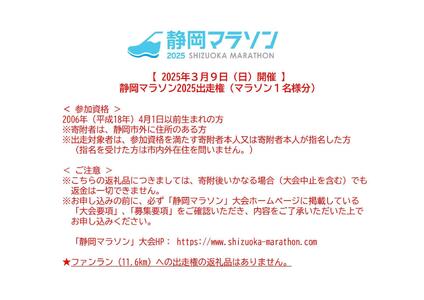 【2025年3月9日開催】静岡マラソン2025 出走権（マラソン 1名様分）