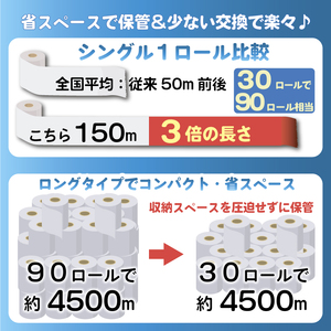 【全4回定期便】訳あり トイレットペーパー 30個入り シングル 3倍巻 長尺 150m エコ包装 芯付き SDGs 日用品 雑貨 消耗品 防災 備蓄