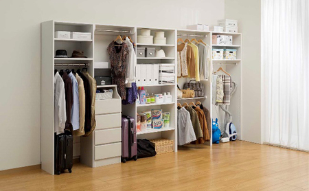 高さ2m壁面2段ハンガーラック　幅60cmホワイト インテリア お部屋 オープン型 大型収納 ハンガーパイプ スーツケース 収納ボックス 掃除機 出し入れ ワイド 免震補助バンド 安心 