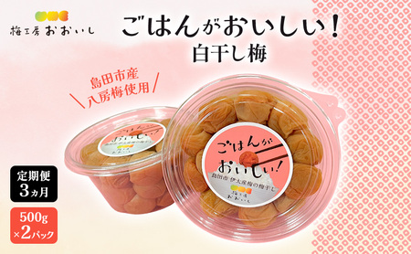 【定期便3ヶ月】八房梅使用 ごはんがおいしい！白干し梅 500g×2パック 梅干し うめぼし 白干し 塩漬け おにぎり 弁当 島田市 静岡県
