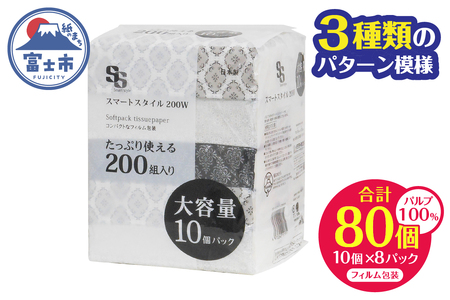 大容量 コンパクト ソフトパック ティッシュ スマートスタイル 200W10P フィルム包装 省スペース 箱なし シック 安心 日本製 100％パルプ 日用品 生活用品 防災 備蓄 富士市 [sf002-344]