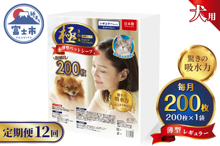 定期便 全12回 ペットシーツ 【極】シリーズ 薄型レギュラー 200枚 ペット用 犬用 猫用 トイレシーツ 日用品 ペット用品 防災 備蓄 消耗品 ドッグ キャット わんちゃん ねこちゃん 静岡県 富士市 [sf077-137]