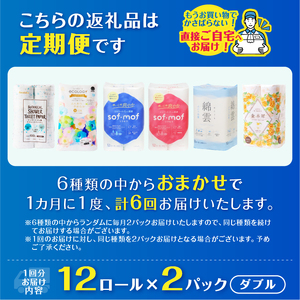 定期便 全6回トイレットペーパー ダブル 紙のまち富士市 6種 おまかせ 2パック(1パック12ロール) 日用品 生活用品 消耗品 防災 備蓄 ランダムにお届け 毎月発送 富士市 [sf002-512]