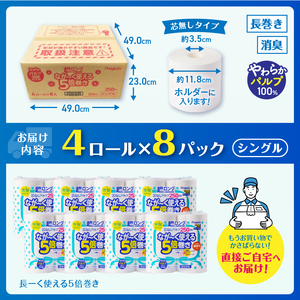 【160ロール相当】なが～く使える 5倍巻き トイレットペーパー 「ペンギン」 シングル 32ロール (4R×8P) (1ロール 250m) パルプ100％ 超ロング エコ 長持ち 災害 備蓄 防災 長巻き 芯なし 無地 無香料 日用品 消耗品 生活用品 富士市 [sf002-069]