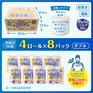 【160ロール相当】なが～く使える 5倍巻き トイレットペーパー 「ペンギン」 ダブル 32ロール (4R×8P) (1ロール 125m) パルプ100％ 超ロング エコ 長持ち 災害 備蓄 防災 長巻き 芯なし 無地 無香料 日用品 消耗品 生活用品 富士市 [sf002-070]