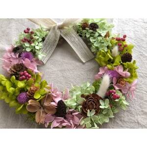 プリザーブドフラワーとドライ素材のナチュラルリース(アジサイ)_花・観葉植物 花 _【1418398】