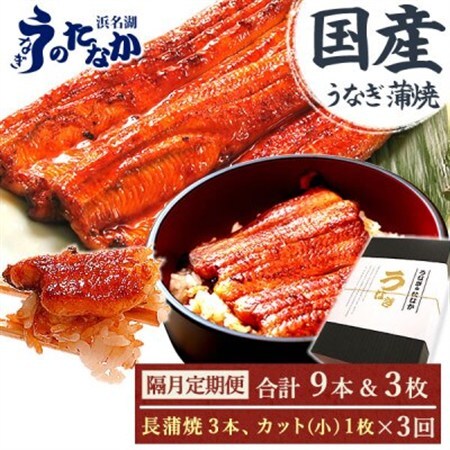 【2ヵ月毎定期便】浜名湖・うなぎのたなかの国産鰻長蒲焼3本、カット小1枚※1回分約595g全3回_鰻 国産 定期便_【配送不可地域：離島】【4059971】