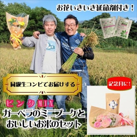 4月発送!同級生コンビでお届けするガーベラピンクブーケとおいしいお米のセット・お花長持ち栄養剤付き!【1708223】