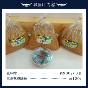 a10-440 味噌 麦 手造り 職人 約900g×3袋+3年 熟成味噌 約120g | 静岡