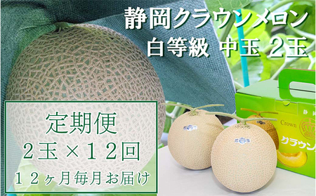 クラウンメロン【並（白等級）】中玉（1.3kg前後）2玉入り 定期便12ヶ月 人気 厳選 ギフト 贈り物 デザート グルメ 果物 袋井市 果物類 メロン青肉 フルーツ 12回 1年