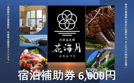 旅行 静岡県 温泉 宿泊補助券 河津温泉郷 花海月 6000円 谷津温泉 伊豆の東海岸 ファミリー カップル おひとり様 施設利用券 チケット 宿泊券 旅行券 宿泊 旅館 ホテル 河津桜 個室ダイニング 伊豆
