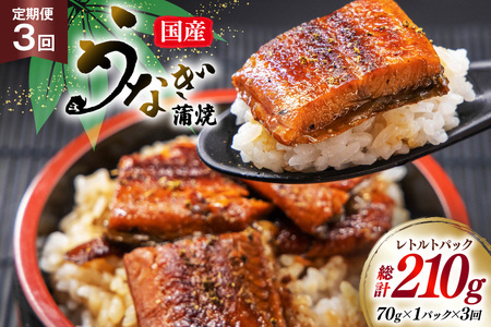 うなぎ 国産 訳あり 常温 蒲焼 定期便 レトルト 70g 1パック 3回 総計210g タレ 山椒 付き [マルニうなぎ加工 静岡県 吉田町 22424470]