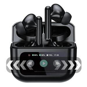完全ワイヤレスイヤホン＜ブラック＞Bluetooth5.4 液晶搭載ケース カナル型 TWS 片耳/両耳 ENC ノイズリダクション ANC ノイズキャンセリング アンビエントサウンド マイク内蔵 クリア 高忠実度 ステレオサウンド 臨場感 ミニサイズ 超小型 快適装着 90日安心保証付き