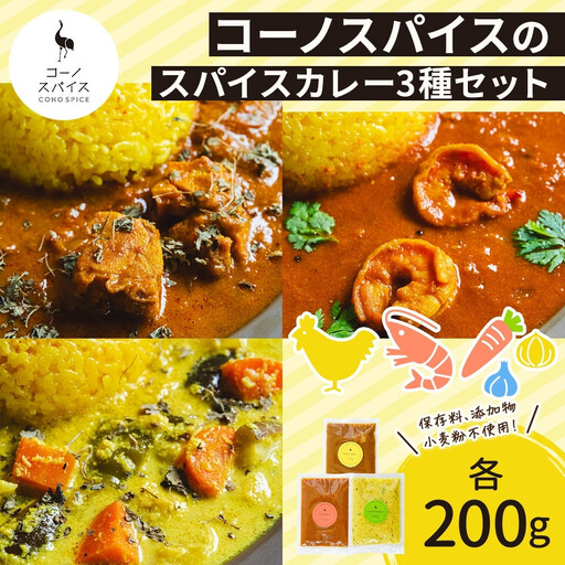 コーノスパイス スパイスカレー3種セット チキンカレー エビカレー ベジタブルカレー 各200gパック 小麦粉不使用 グルテンフリー CONO SPICE コーノコーラ 愛知県 名古屋市