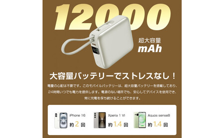 【2025年モデル】モバイルバッテリー 12000mAh 46.2Wh ＜グレー＞大容量 3台同時充電 ２本ケーブル内蔵 PD22.5W 急速充電 QC3.0 携帯充電器 防災電源 iPhone16充電 USB-A / Type-C / iPhone 出力 Type-C入力 高品質 コンパクト 防災グッズ PSE認証 【PL保険加入済み製品・安心】