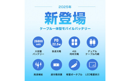 【2025年最新作】 モバイルバッテリー 26800mAh/99.16Wh＜グレー＞大容量 USB-A出力 Type-C出力/入力 ケーブル不要 4台同時充電 PD 3.0 22.5W急速充電 QC3.0高速 iPhone16充電 多機種対応 安定出力 持ち運び便利 出張 旅行 地震 災害 緊急用 防災グッズ PSE認証済み 日本語取扱説明書 