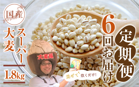 国産スーパー 大麦 6回定期便 （1.8kg × 6）計10.8kg 月に1回お届け 食物繊維 たっぷり 大麦 麦