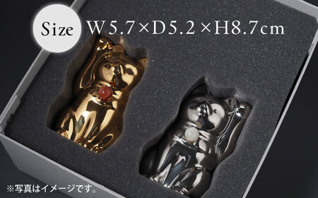 【瀬戸焼】＜招き猫＞Jeramic 2体セット ゴールド&プラチナ ミルキーアクアマリン 3月 【m.m.d.】 / インテリア ネコ 風水 誕生石 [BBAC008]