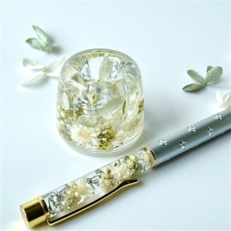 ハーバリウムボールペン＆ペン立てセット(ホワイト、シルバー系)ギフト用【1335340】